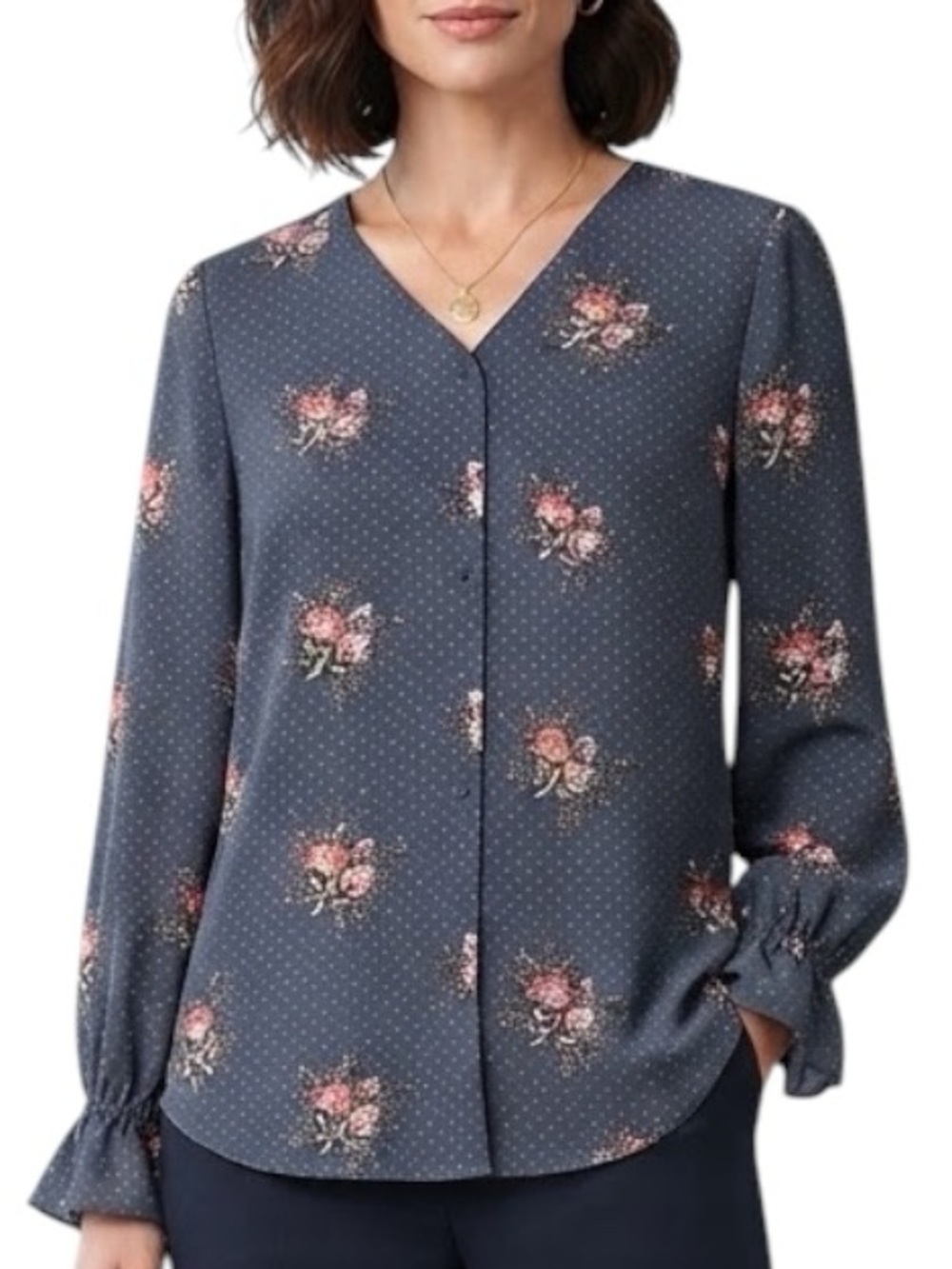 TAHARI Grey Polka Dot Floral Ruffle Cuff Button Blouse Womens SP Small
